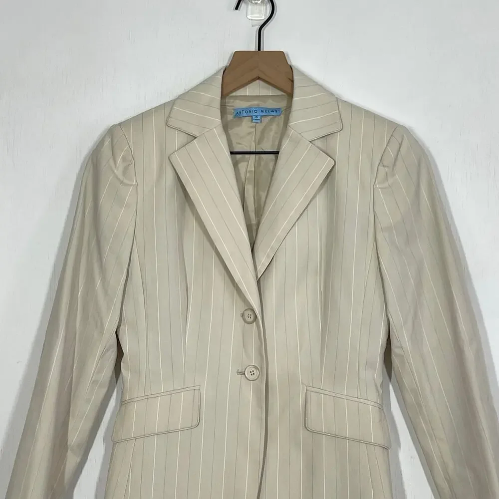 Antonio Melani Blazer Women's Size 0 Beige Striped Two-Button Work Career Casual